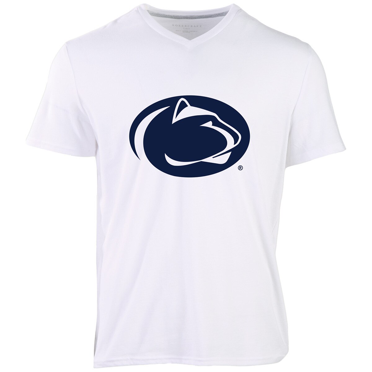 white short sleeve t-shirt with v-neck Penn State Athletic Logo on chest
